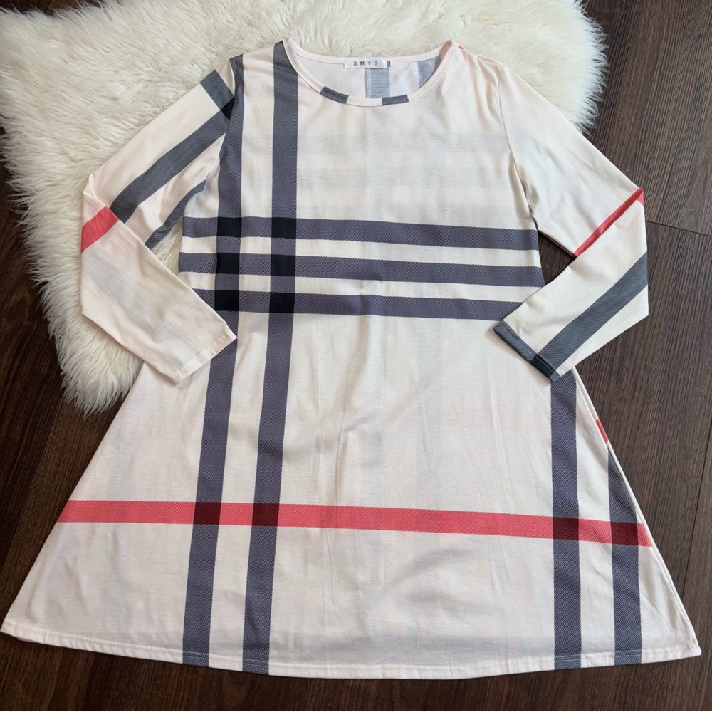 SMYS Women’s Size XXXL NWOT Ivory Plaid Long Sleeve A-Line Lightweight Dress